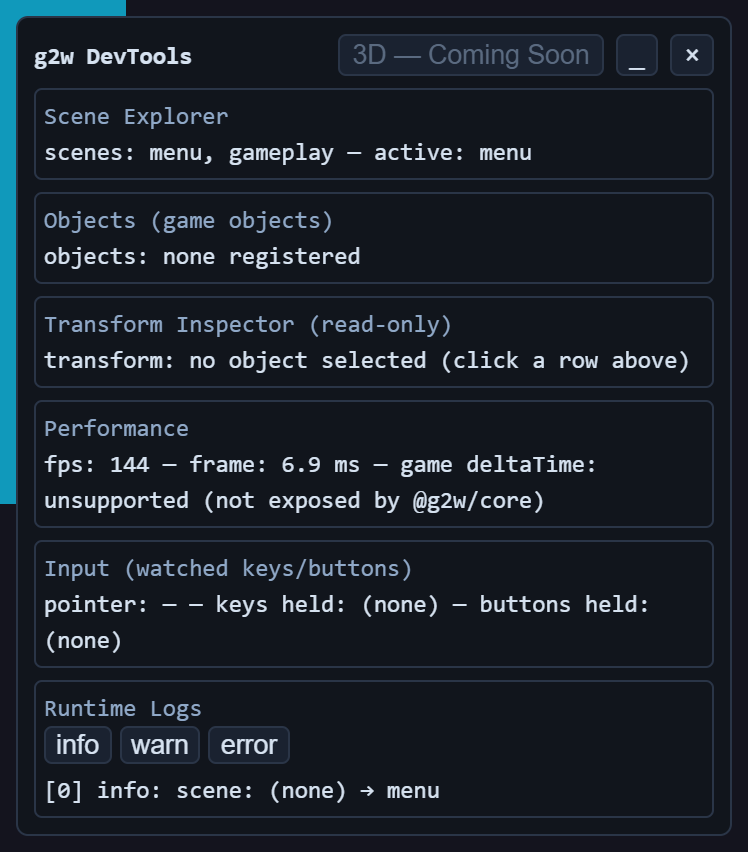 Close-up of the g2w DevTools overlay panel: Scene Explorer, Objects, Transform Inspector, Performance, and Input sections